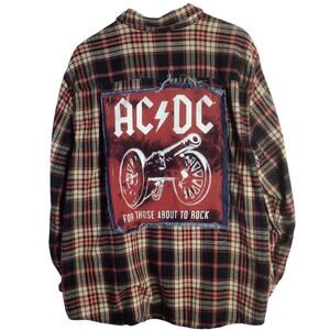 Reworked AC/DC Rock Band FLANNEL w/ distressed DENIM patch Red 3XL